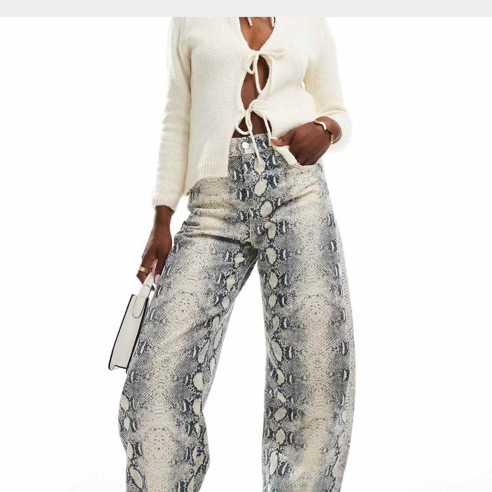 Bershka Snake Print Pants in Cream and Gray